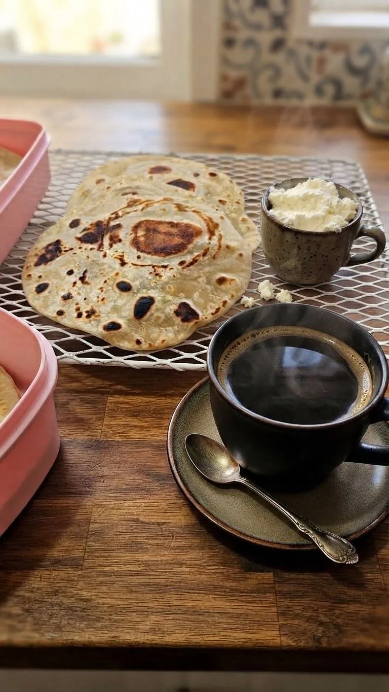 Tortillas y requesón junto a una taza de café para un desayuno casero