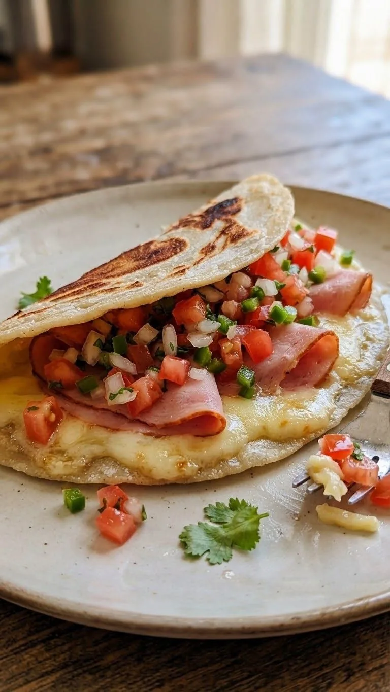 Quesadilla de jamón y queso con pico de gallo hecha con tortilla de harina